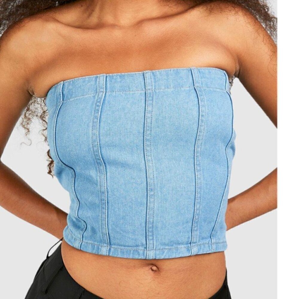 Boohoo Seam Bandeau Denim Crop Top - Size 10 - NWT
